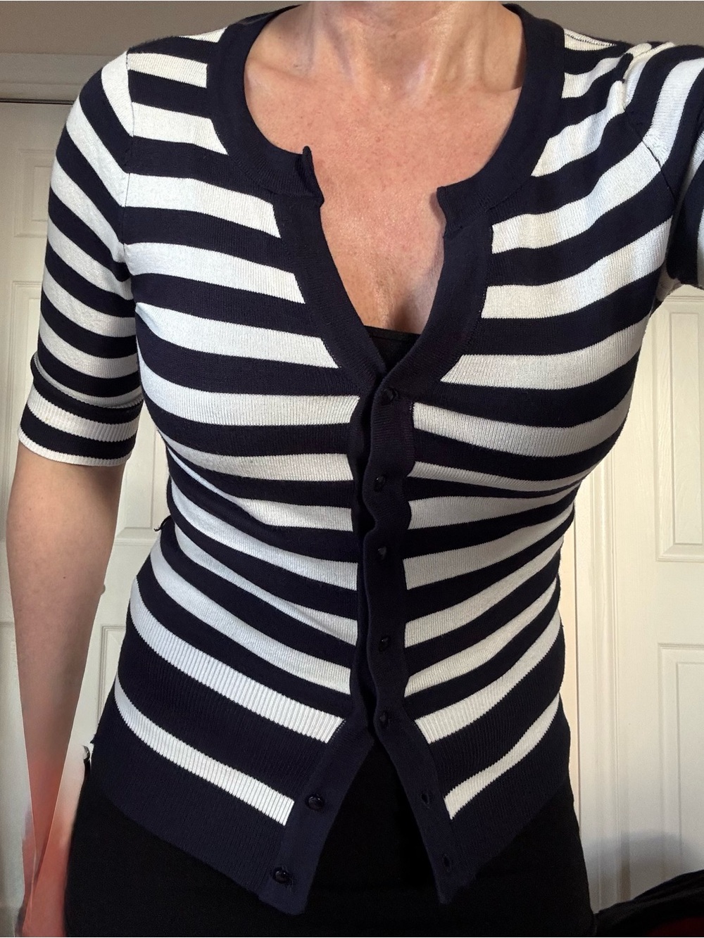 Women’s Navy and White Striped Button-Front Cardigan
